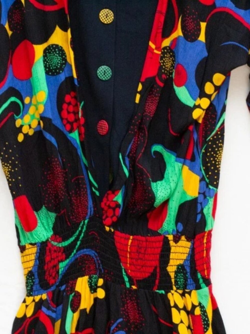 Vgt Carole Little 80s Smoked Drop Waist Maxi Dress Retro Bold Prints Colorful 10 - Picture 3 of 8